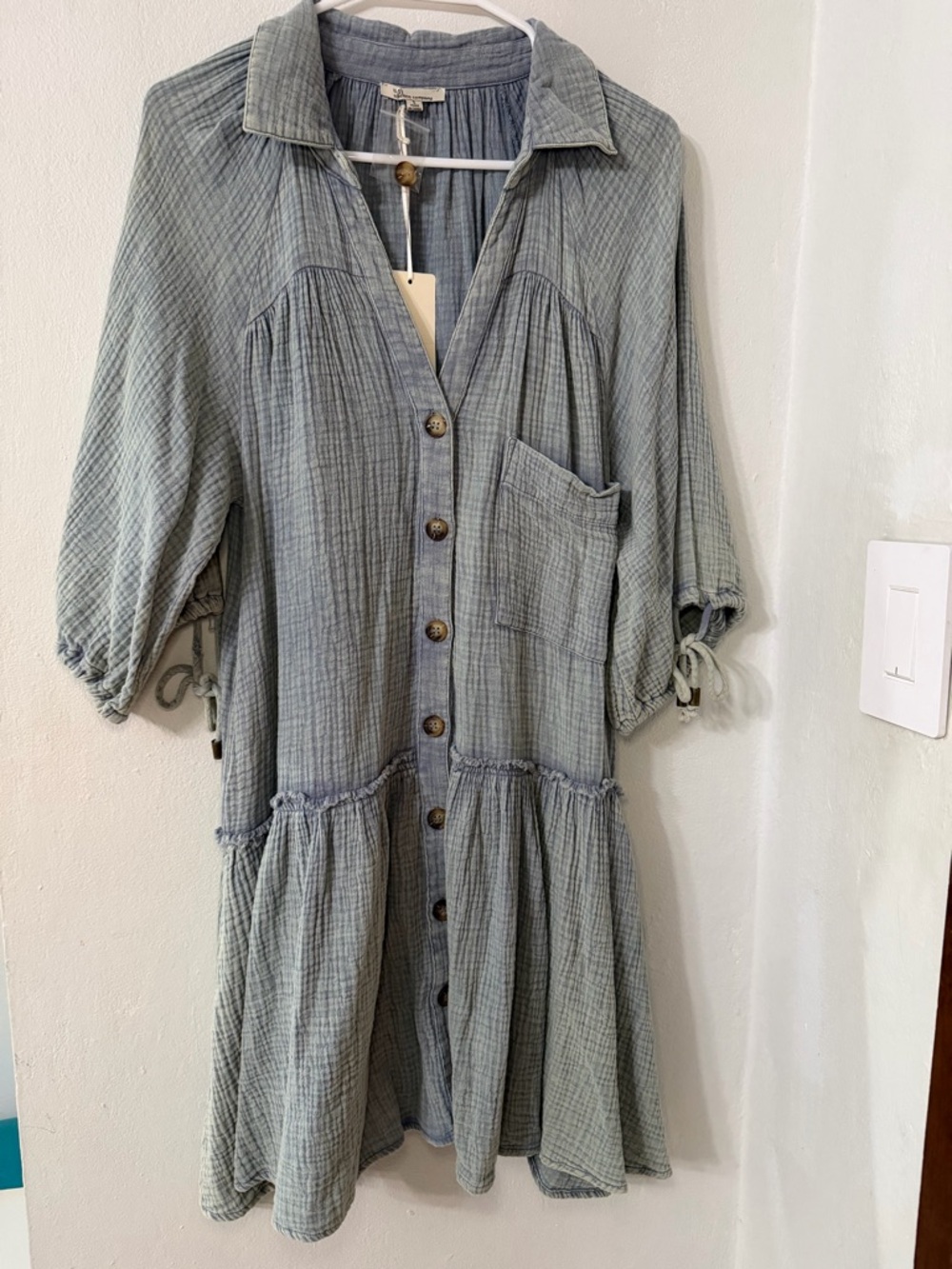 Button-Front Gauze Dress in Dusty Sage